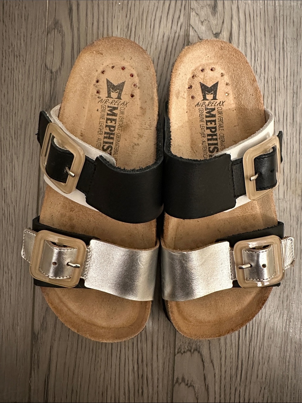 Mephisto Two-Band Slide Sandals in Black and Silver with Tan Footbed